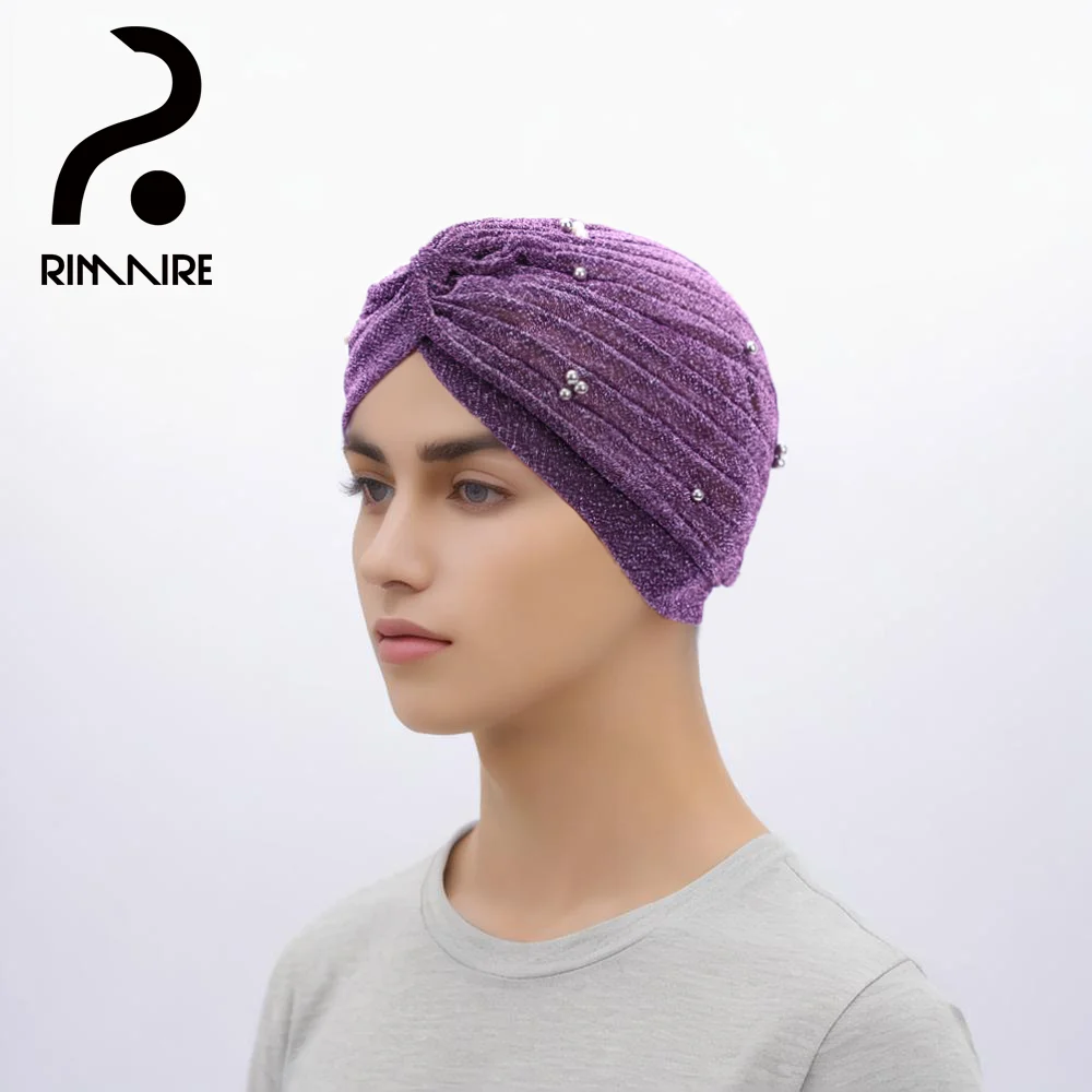 RIMAIRE Pure Color Elastic Muslim Hat Hijab with Pearls Decoration 2024 Latest Fashionable Hijabs for Women Turban Headscarf