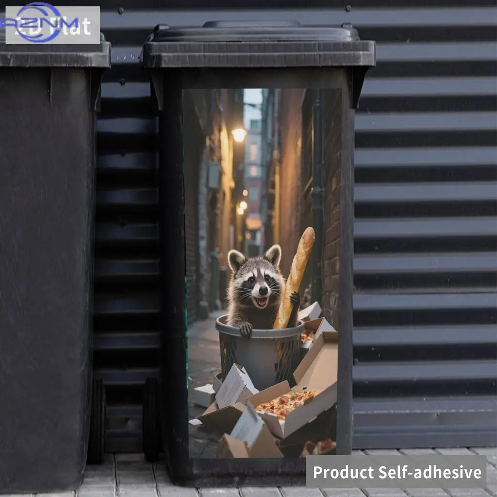 1pc 2D Flat Cartoon Raccoon Trash Can Sticker, PVC Self-Adhesive, Waterproof! Suitable for Kitchen, Bathroom, Bedroom, Living