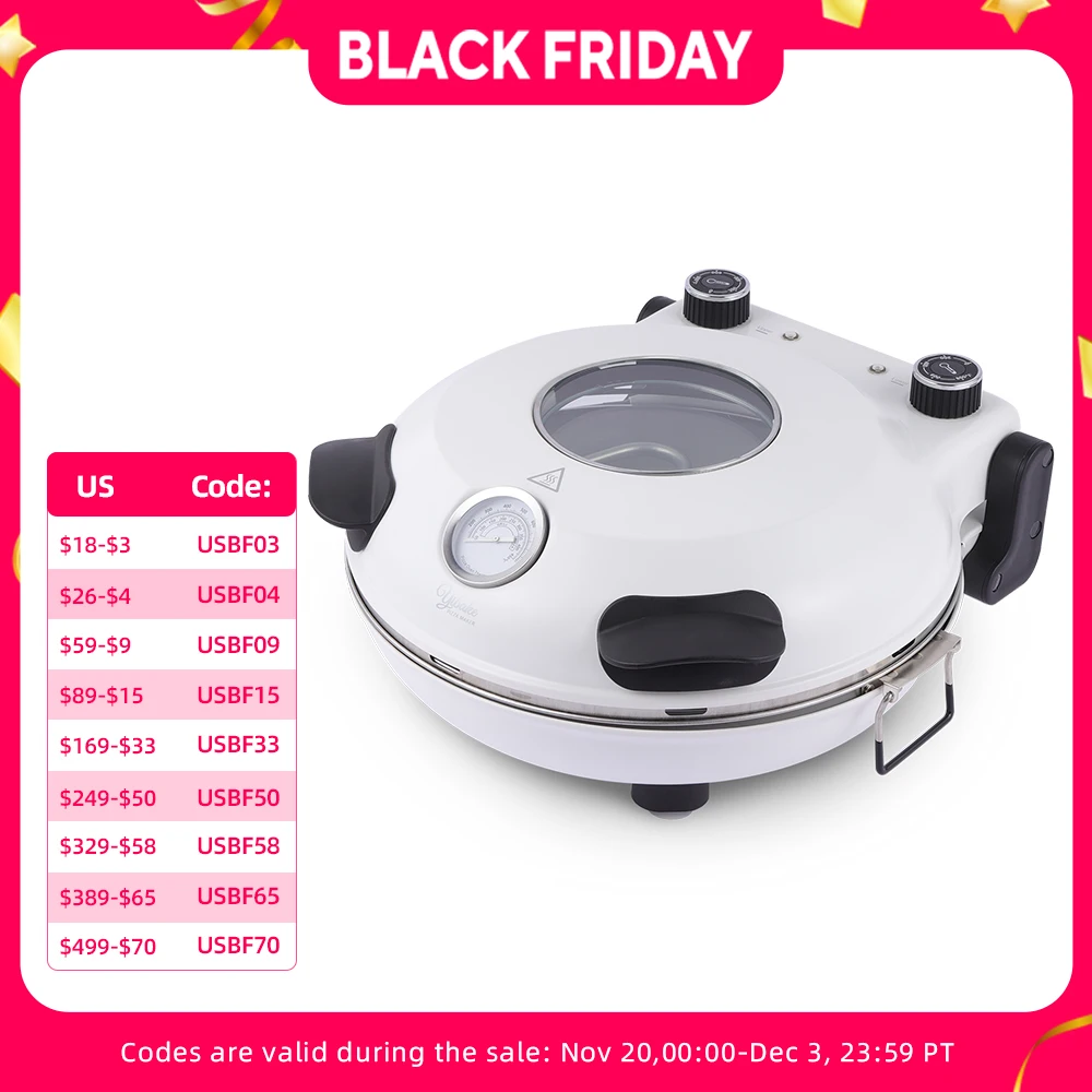 YIBAKE Vertiefter 12-Zoll-Elektro-Pizzaofen, Arbeitsplattenofen für den Innenbereich, Pizza-Maker, 1200 W, 5 Minuten Koch, rostfrei, Doppelknopf-Steuerung, Weiß