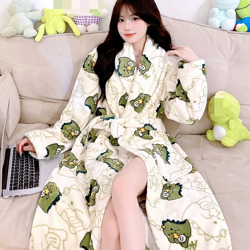 Winter Thick Warm Fleece Long Robes Nightdress for Women Cartoon Pajamas Long Flannel Bathrobe Plush Sleepwear Homesuits