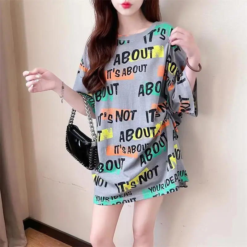 DAYIFUN Women's Thin Print T-shirt Summer Design Mid Length Large Round Neck Pullover Tops Sunscreen Casual Versatile TShirts