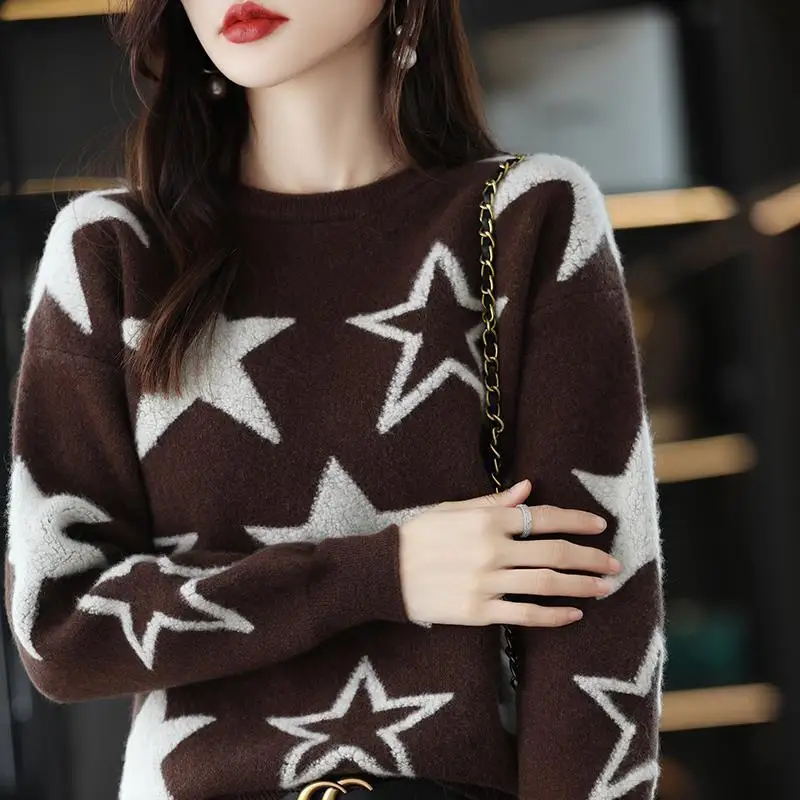 Autumn and Winter New Five Point Star O-Neck Pullover Bottom Sweater Women's Loose and Lazy Style Thickened Long Sleeve Knit Top