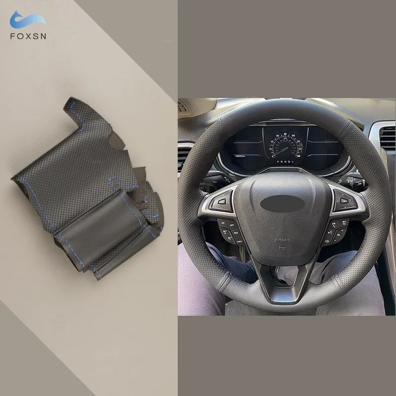 For Ford Mondeo Fusion 2013-2019 EDGE 2015-2019 Perforated Microfiber Leather Car Steering Wheel Cover Trim with Needles Threads