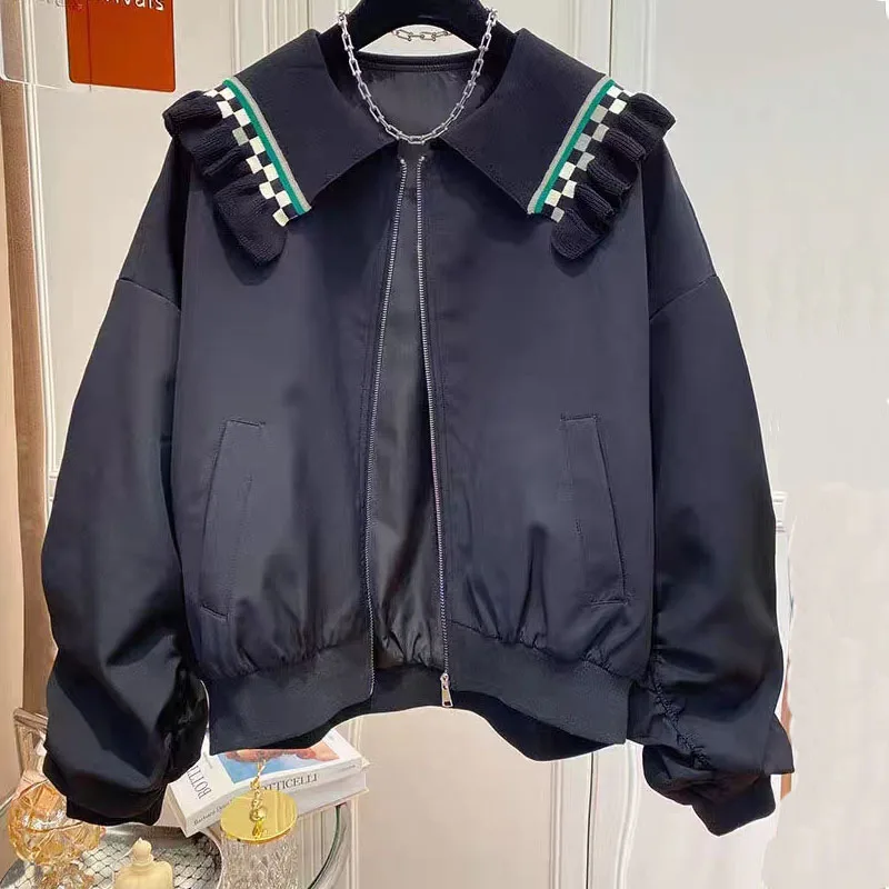 

Черная бейсбольная куртка с Вышивкой Букв и большим лацканом, новинка 2023, свободная Универсальная Женская куртка на весну и осень