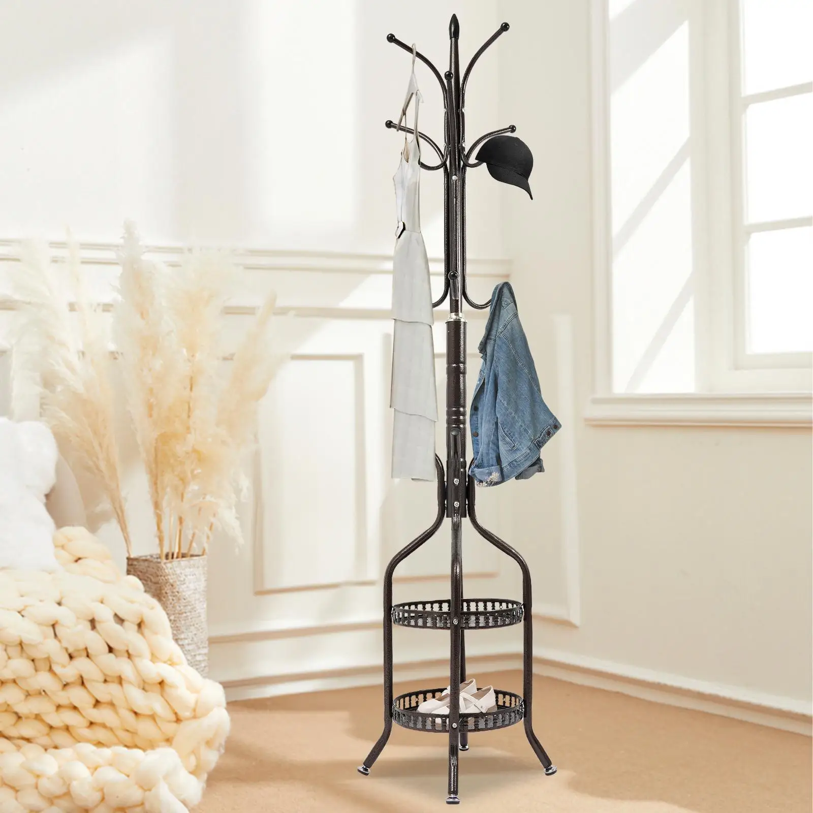 Vintage Bronze Freestanding Coat Rack Heavy Duty Clothes Hanger Stand 15kg Capacity Space-Saving Tree Organizer for Coats Hats Bags Scarves Hallway Bedroom Entryway Home Office Furniture 185cm Tall