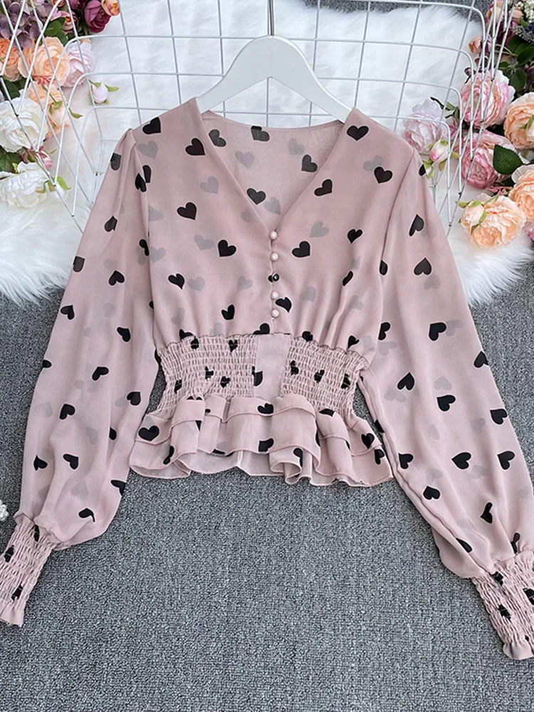 Spring Autumn Polka Dot Peach Heart Blouse Top Women\'s V-neck Puff Sleeve Short Pleated Waistless All-match Chiffon Shirt UK357