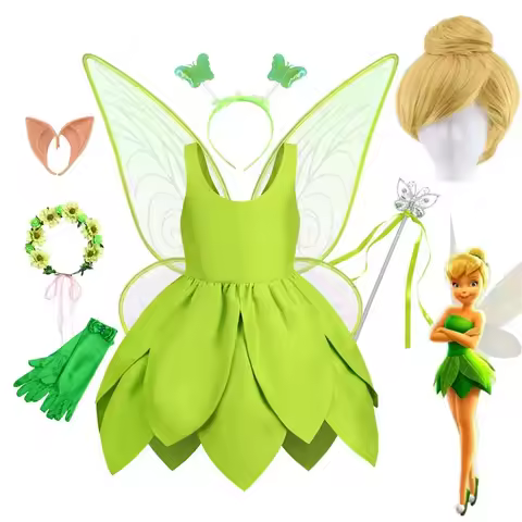 2025 New Cosplay Tinker Bell Fairy Dress Baby Girl Fantasy Forest Elf Cosplay Costume Kids Green Leaf Tinkerbell Gowns Child Hal