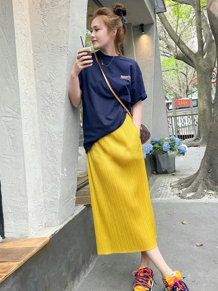 

Comfortable Casual Women's Skirt Pleated Loose Fit High Waist A-Line Midi Pure Color Simple Style Commute Polyester Fiber