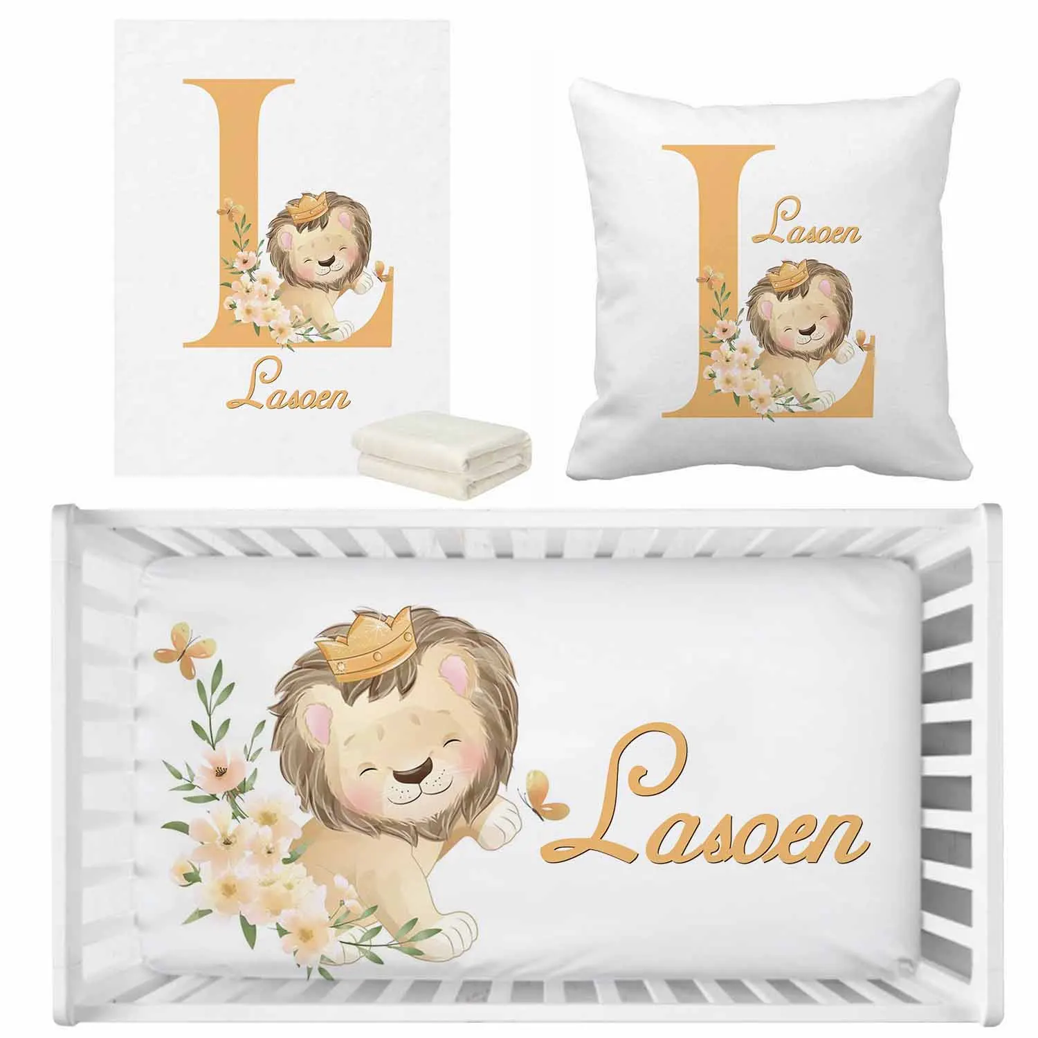 

LVYZIHO Custom Name Cute Doodle Lion With Floral Baby Bedding Set, Birthday Gift Toddler Cirb Sheet Set, Baby Shower Bedding Set