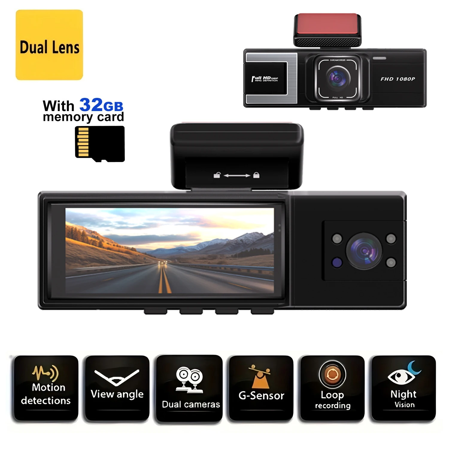 1080P Dual Camera Car Dash Camera, Full HD Dash Camera with 32GB TF Card, 3.16'' IPS Screen Dash Camera