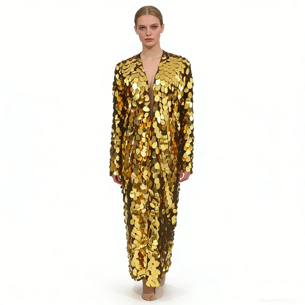 

Gold Silver Sequin Mesh Cloak Long Coat for Women Halloween Party Festival Rave Clothing Singer Leading Dance Drag Queen Costume