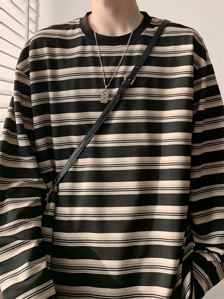 Men's Long Sleeve T-Shirt Pure Cotton round Neck Base Layer Top Trendy Brand High-End Feel Striped Pattern Autumn Season Casu...