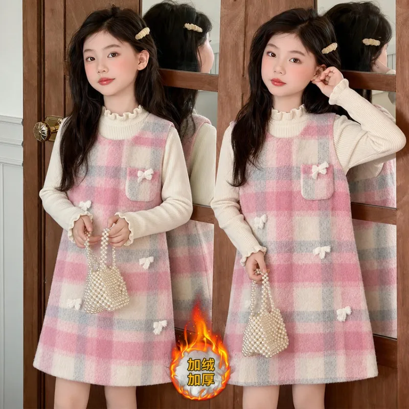 New children's clothing 2026 autumn and winter, simple and fashionable pink plaid skirt set for middle-aged children