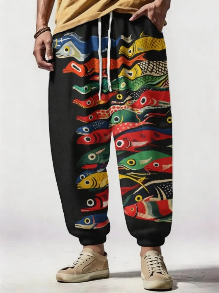 Men's Multicolor Fish Print Loose Drawstring Waist Sweatpants Casual Elastic Waisted Vintage Bottoms 2025 Chic Pocket Sport Pant