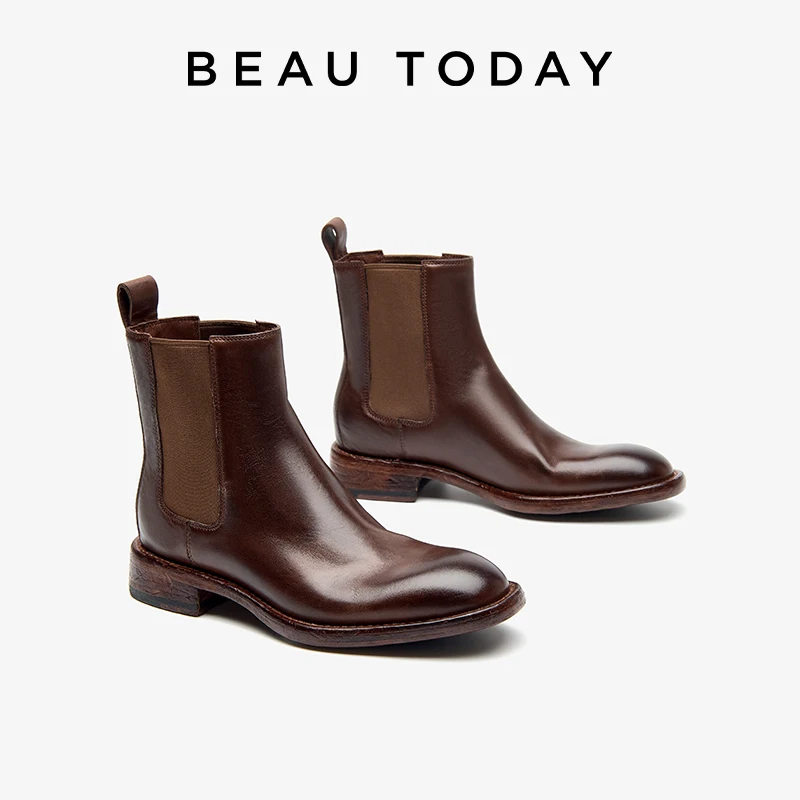 BEAUTODAY Ankle Boots Women Horse Leather Round Toe Chelsea Boots Slip-on Platform Ladies Shoes Handmade 03163