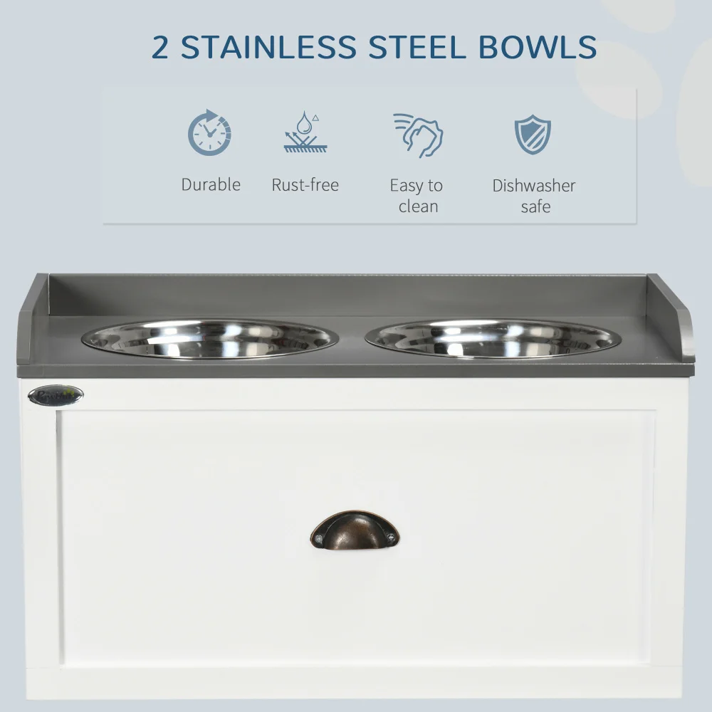 PawHut Dog Feeding Station with Storage Drawer, 2 Removable Elevated Bowls for Large Dogs, White view 6
