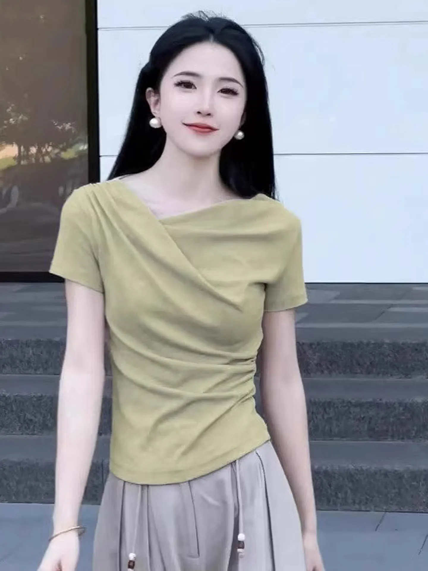 

Ele Pure Color Summer T-irt Women's oulder Length ort Sve Overhead Top Slimming Sli Korean Sle Commute