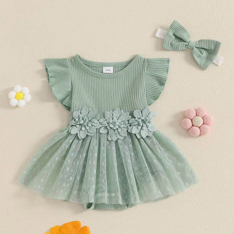 여아용 메쉬 스커트 바디 수트, 반팔 O넥 플라워 단색 점프수트, 활 포함, 0-18 개월 여름 옷