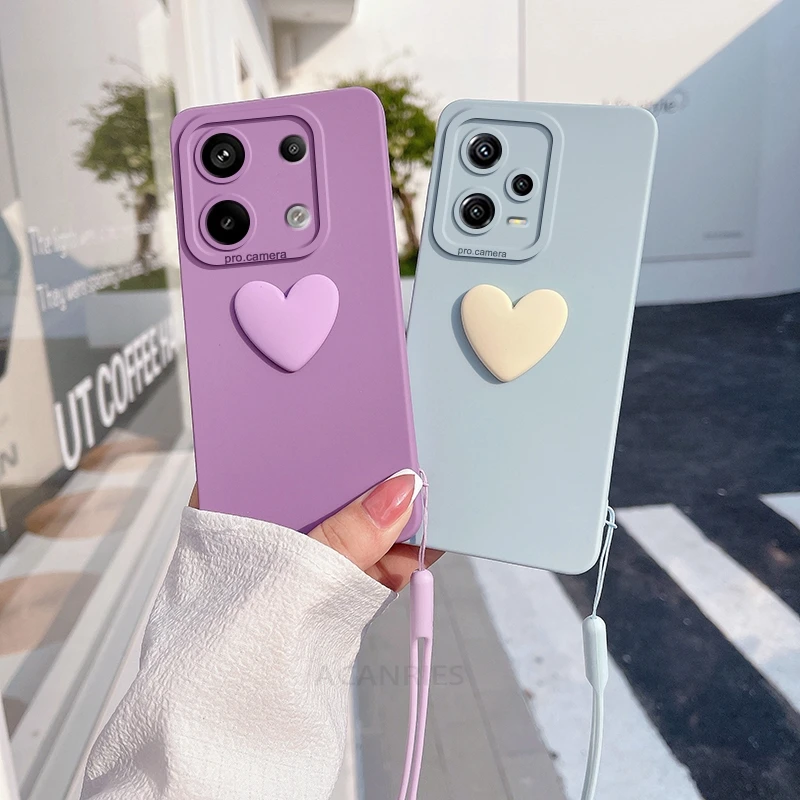 Note13 Cute 3D Love Heart Silicone Case On For Xiaomi Redmi Note 13 Pro 4g 5g 13pro Plus 13c 12 10 11 Lanyard Wrist Strap Cover