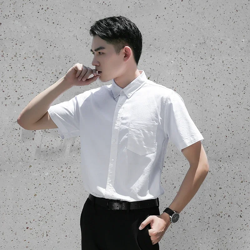 Fashion korean popular summer Short sleeve shirts for men 100%cotton Oxford shirt soft solid color white casual eleants clothes
