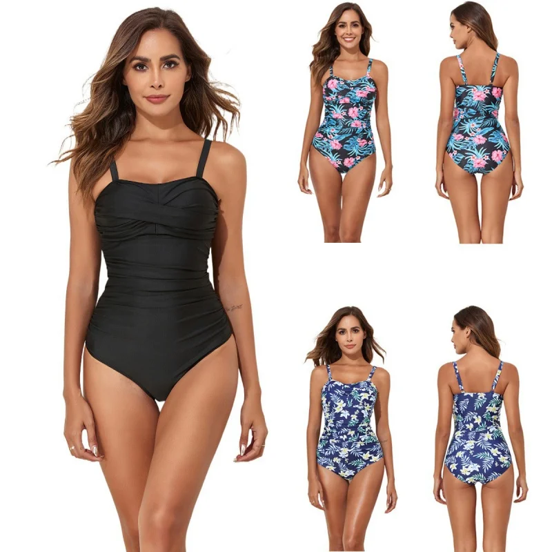 

2024New swimwear Fashion Conservative Printed Solid Color One Piece Swimsuit Swimsuit