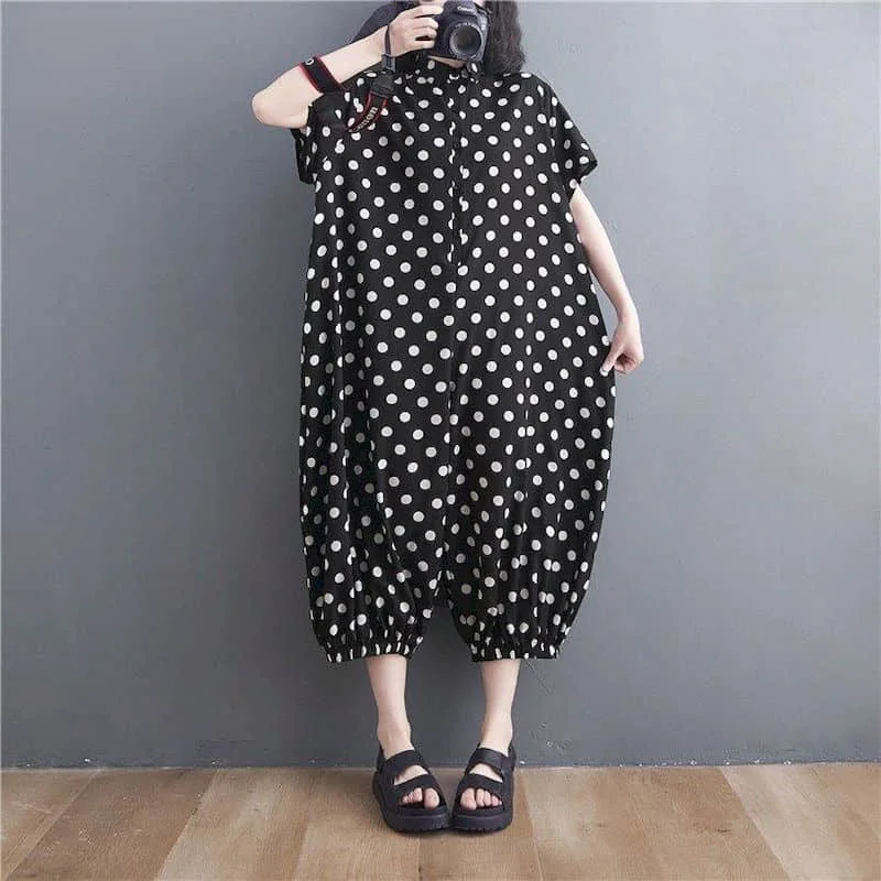 Oversize Piaysuit Casual Jumpsuit New Summer Loose Short-sleeved Jumpsuit LOOSE Casual Dot Printing Korean Style Women Clothes