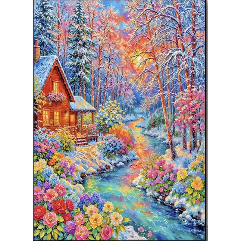 

9CT 14ct Forest House Printed Kit Cross Stitch Embroidery DIY Needlework Home Decor Crafts With Needles Threads 85 Colors