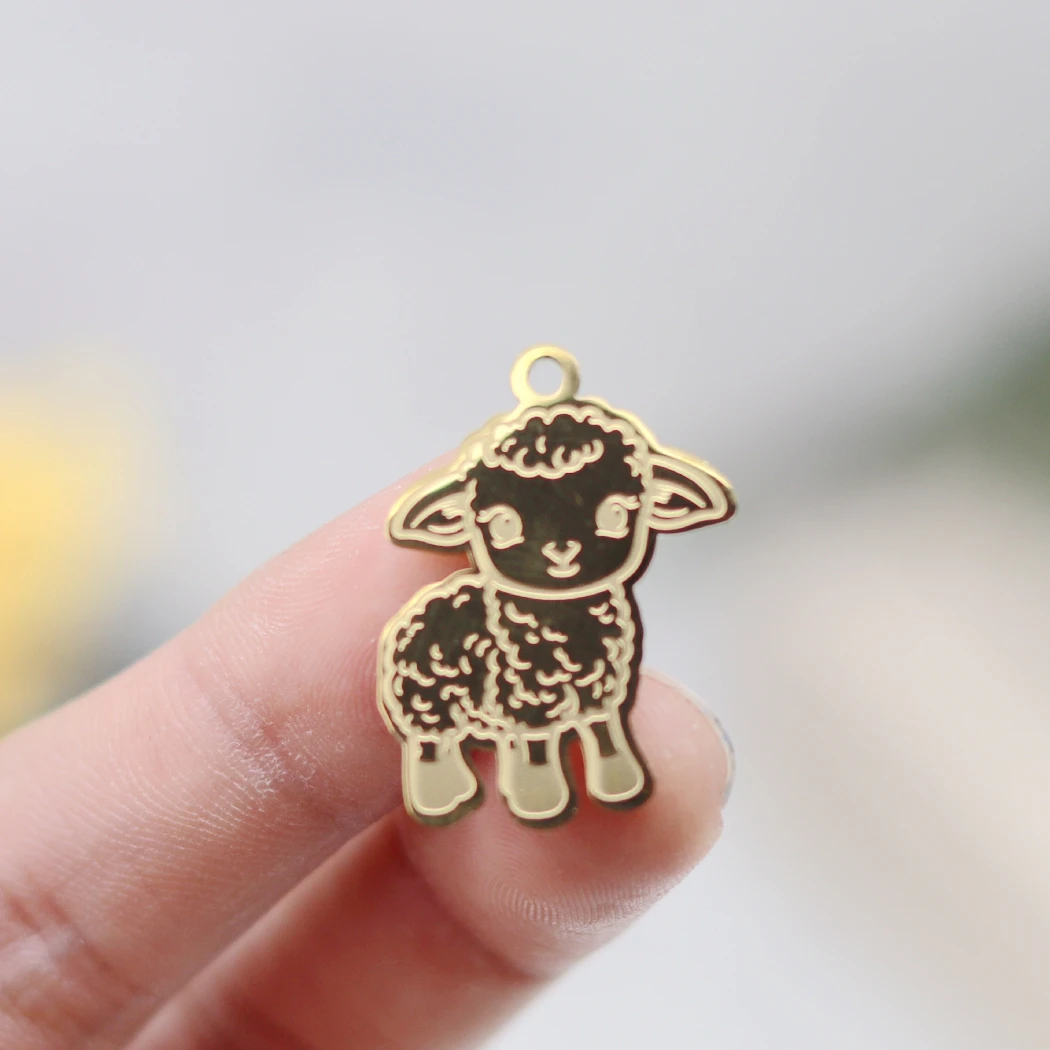 2PCS Cartoon Lamb Animal Charms Fit Kids Gifts Necklace Keychain Jewelry Making Stainless Steel Cute Sheep Pendant Accessories