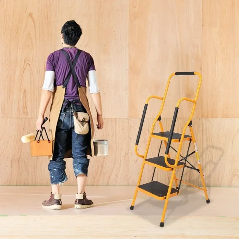 Premium 3-Step Folding Step Ladder – Heavy-Duty Iron 330lbs Capacity With Safety Lock Non-Slip Feet Handgrip For Home Office