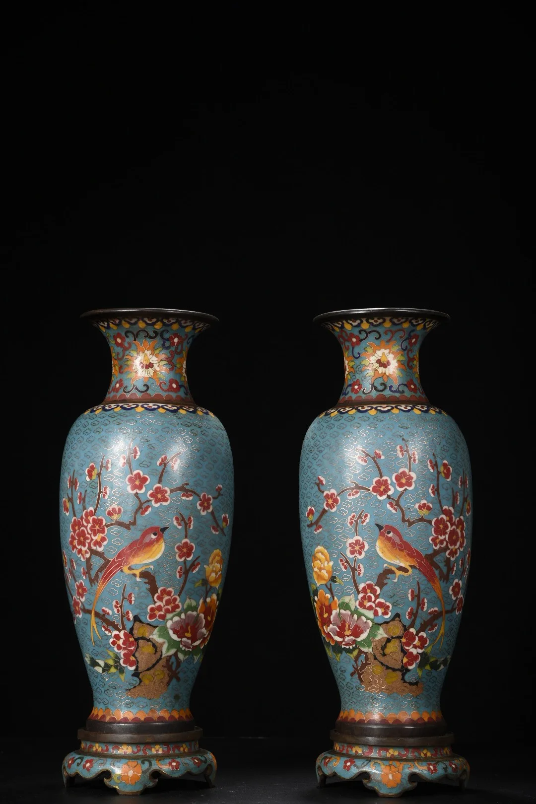 Old Bronze Cloisonne Enamel Magpie and Plum Blossom Pattern Appreciation bottle Vase A pair Lotus base Amass wealth Ornaments
