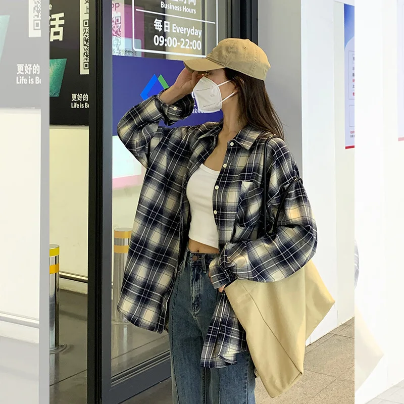 Autumn All Match Plaid Shirts for Women Korean Fashion Button Up Oversized Shirt Woman 2023 Aesthetic Loose Blouse Female