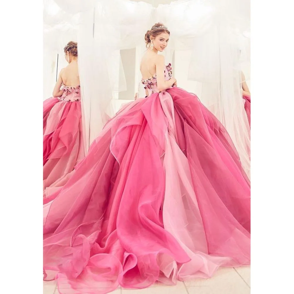 Fashion 3D Flowers Party Dress Elegant Strapless Sleeveless Ruched Draped Floor Length Sweep Train Ball Prom Gowns Evening Dress