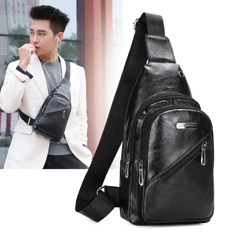 Men's soft leather crossbody chest bag, business single-shoulder backpack, large-capacity multi-functional chest bag