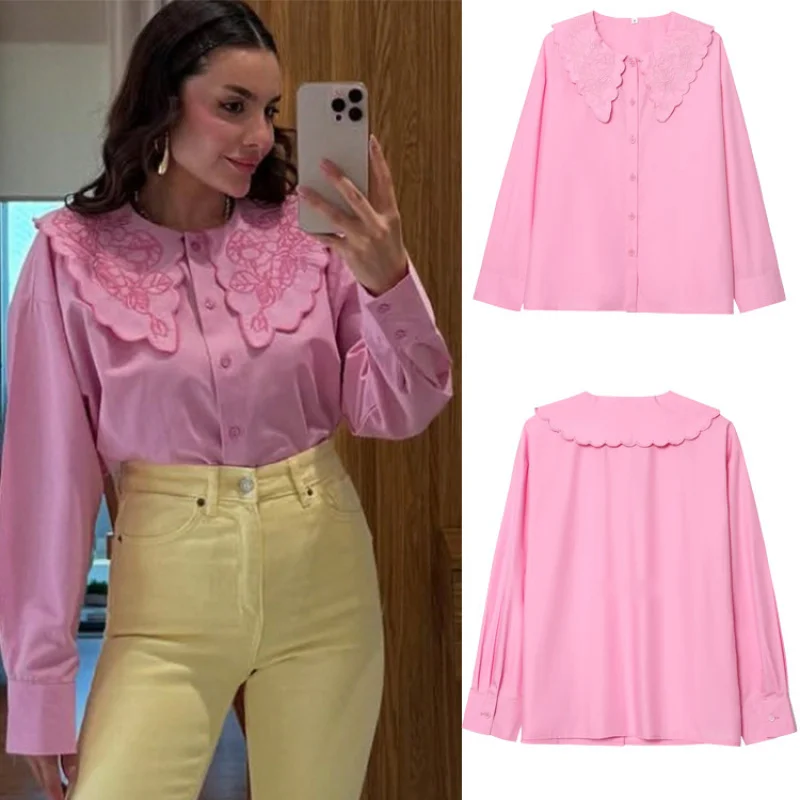 

Summer New Women's Fashion Simple Embroidered Loose Long Sleeve Shirt