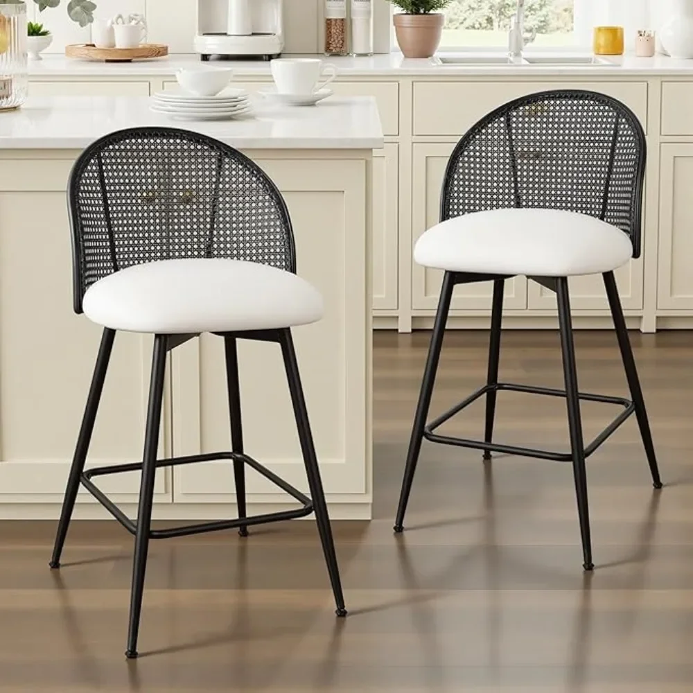 

Swivel Counter Height Bar Stools Set of 2, 26 Inch Upholstered Faux Leather Barstools with Rattan Back & Metal Legs, Mid Century Modern Bar Chairs for Kitchen Island, White/Black Frame