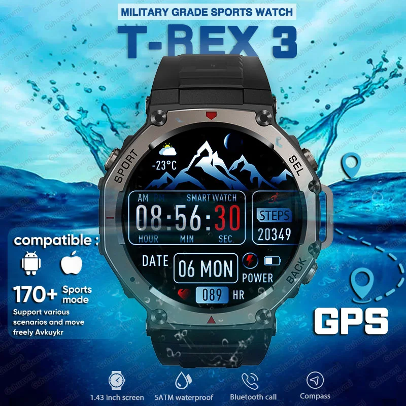 

Military Smart Watch T-Rex 3 Bulit-in GPS Compass Altimeter Barometric 5 ATM IP69K Waterproof AMOLED Bluetooth Call Smartwatch