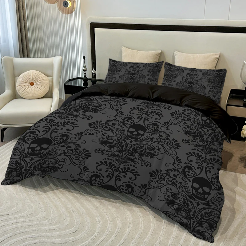 3pcs Skull Flower Duvet set With Flower Skull Pattern, Includes 1 Duvet Cover And 2 Pillowcases, Suitable For All Seasons