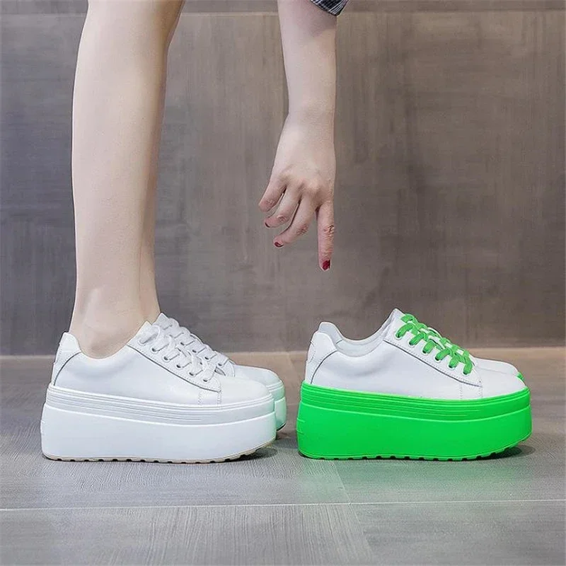 Women\'s Sneakers 8CM Thick Bottom Ladies Flats Casual Platform Flat Shoes Lace Up Leather Creppers Girls Lolita Shoes Mary Janes