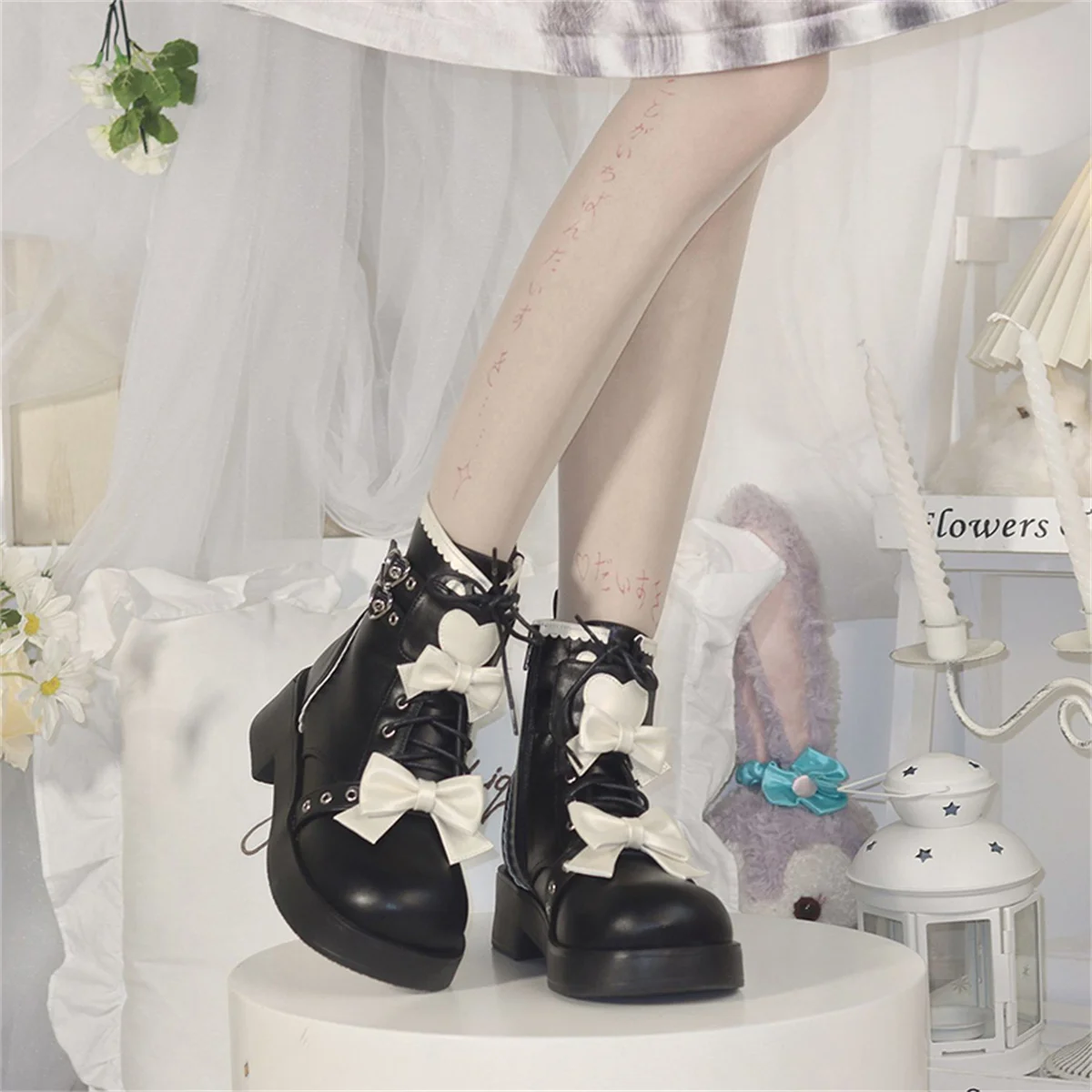 Japanse Zoete College Stijl Kawaii Meisjes Schoenen Cosplay Strik Liefde Vetersluiting Riem Ronde Kop Dikke Bodem 2.5-4.5Cm enkellaarsjes