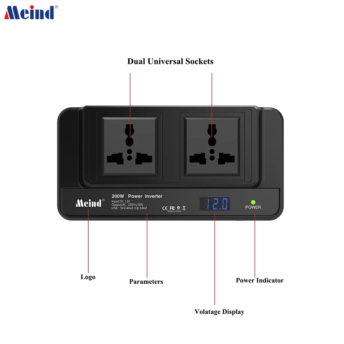 Meind 200W Car Power Inverter with Dual Universal Sockets&USB QC3.0 DC12V to AC220V Power Inverter for Car