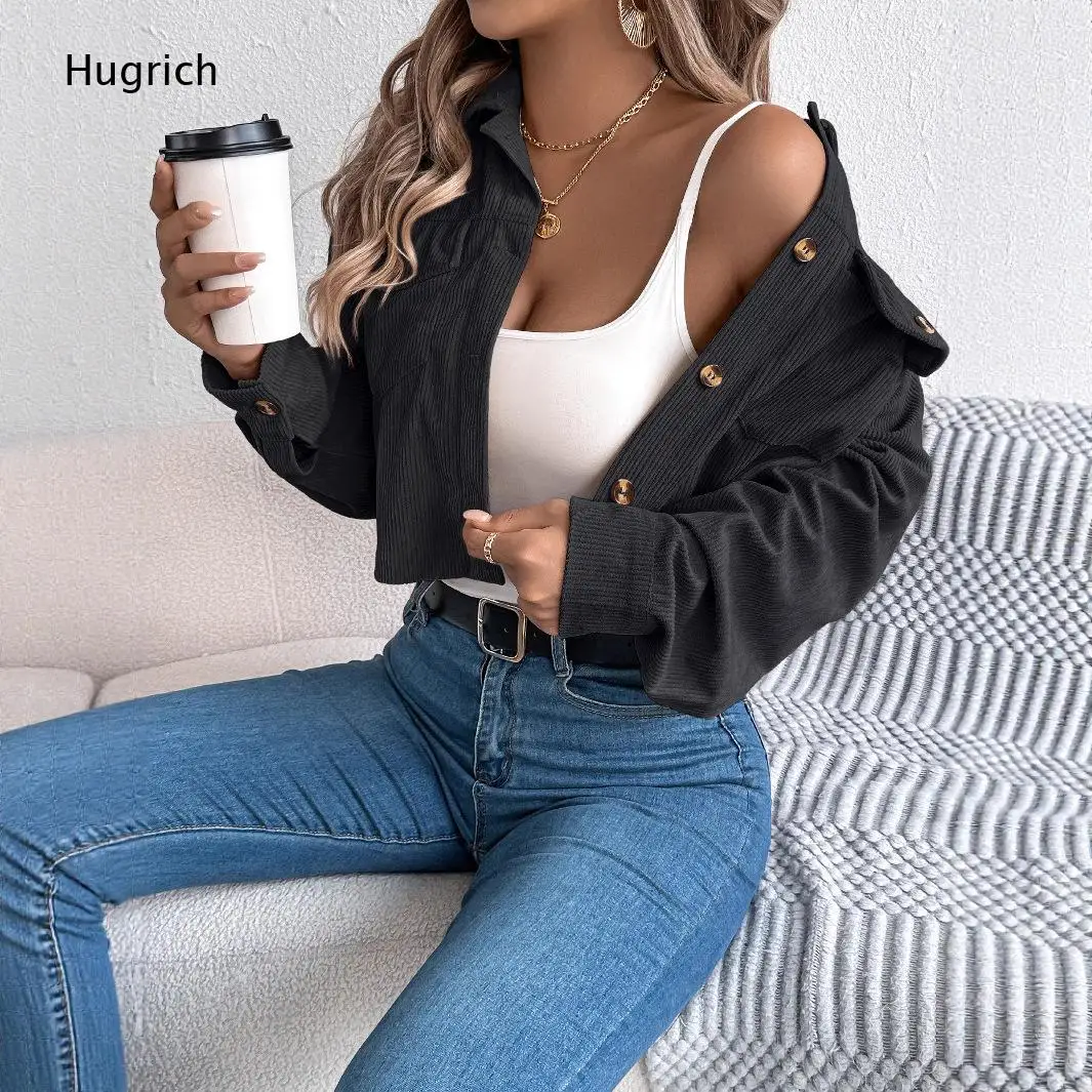 Cropped Button Front Corduroy Jacket Solid Apricot Lapel Long Sleeve Chest Pocket Loose Fit Women Vintage Casual Coat