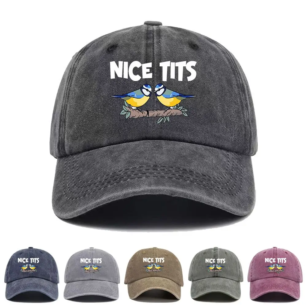 Vintage Washed Baseball Cap Funny Nice Tits Bird Print Graphic Unisex Streetwear Casual Trucker Style Summer Cotton Dad Hat