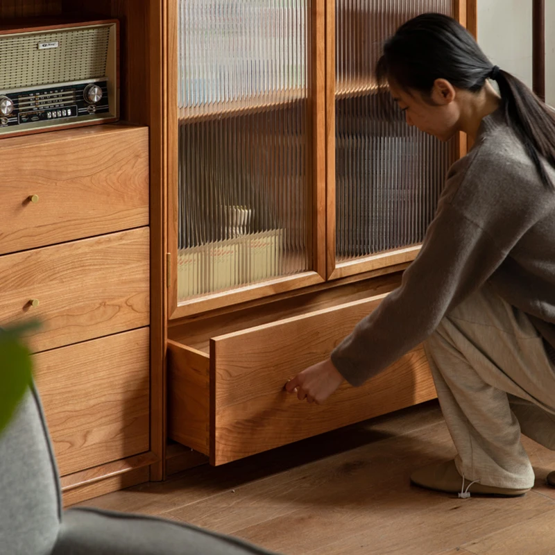Solid wood bookcase Japanese-style household cherry wood floor-to-ceiling bookshelf combination cabinet with glass door display