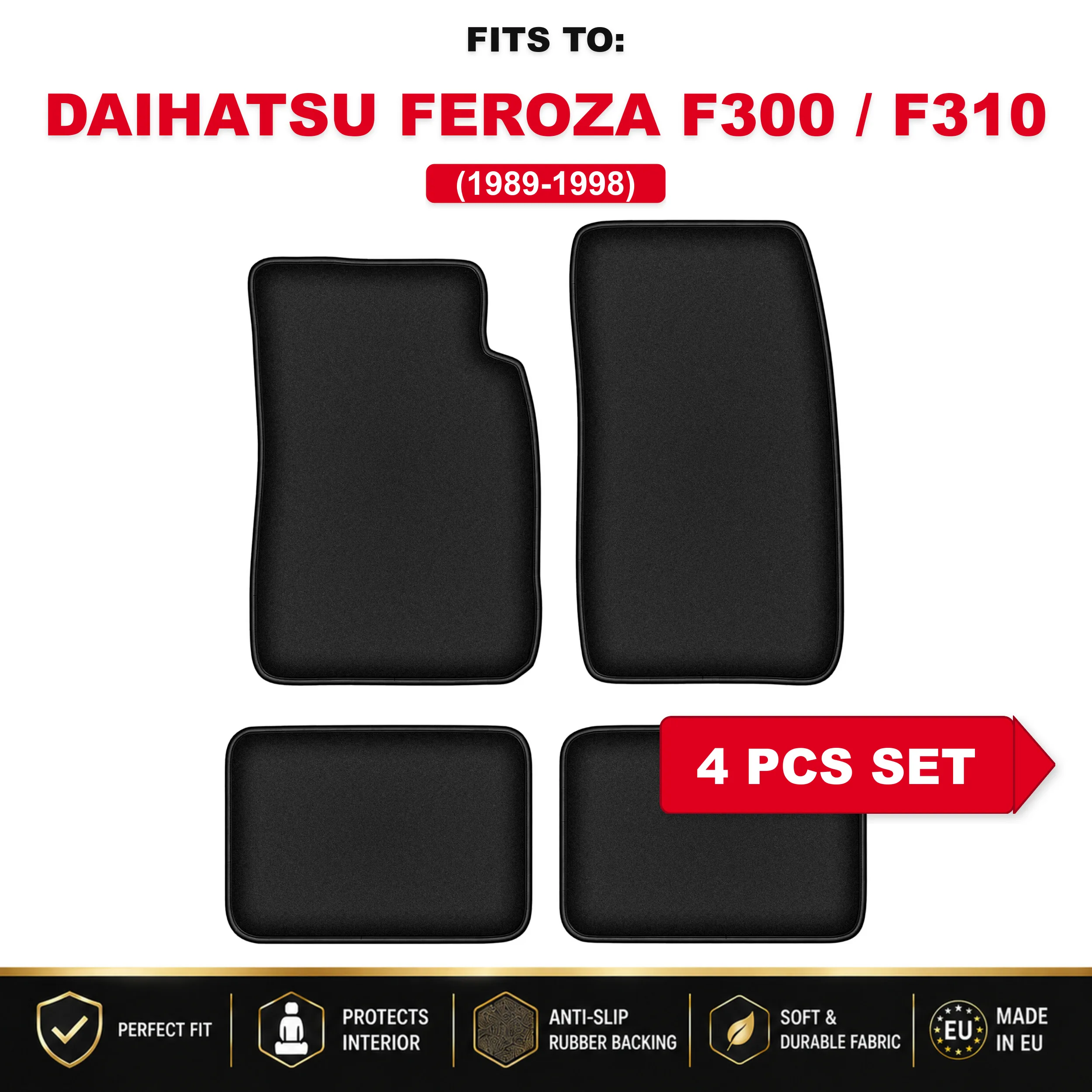 Zwarte velours vloermatten, 4 stuks Voor: Daihatsu Feroza F300 / F310 1989-1998 automattenset voor in de auto