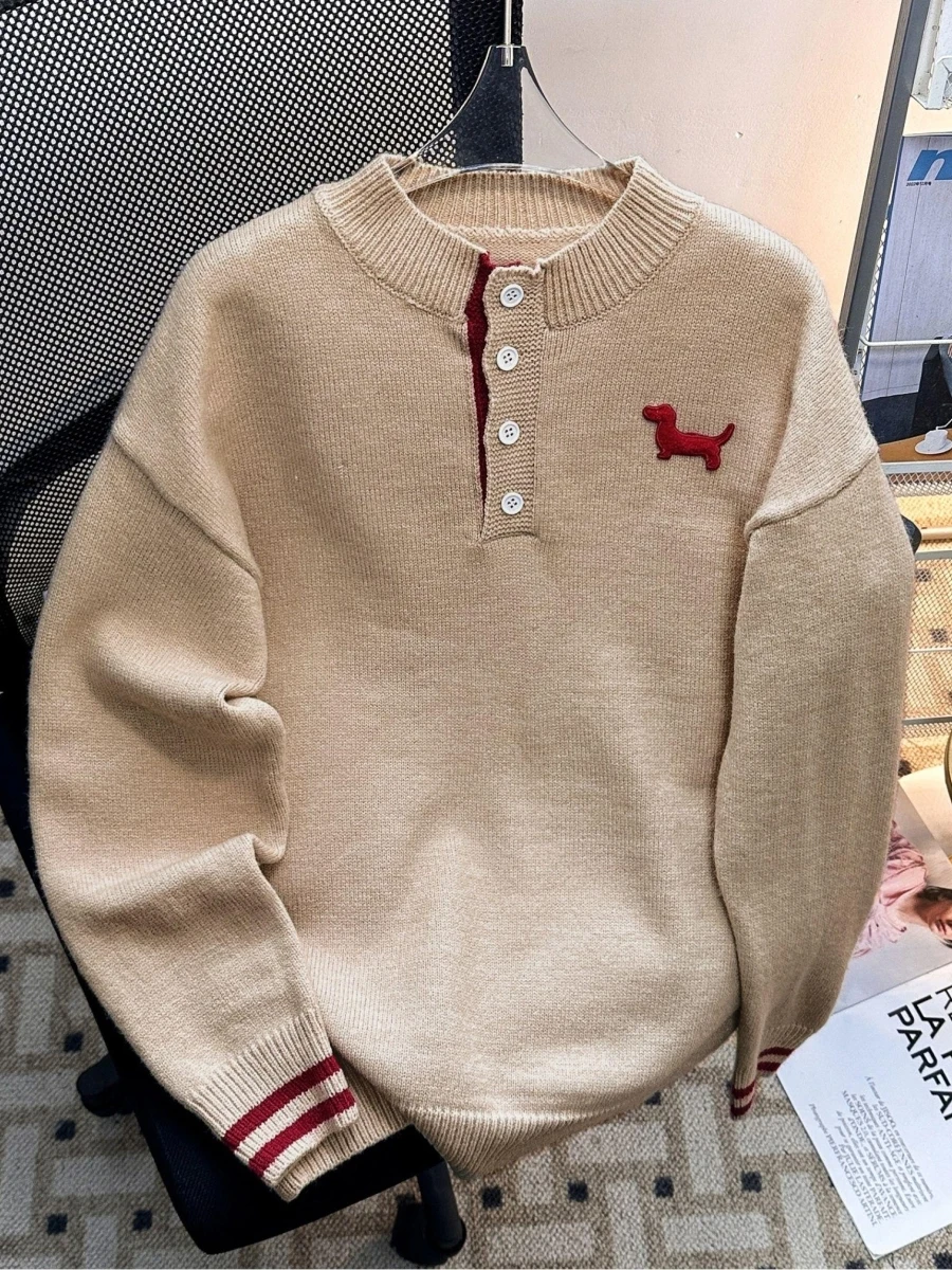 

Американский винтажный вязаный свитер с воротником Хенри, свободный, мягкий, уютный топ унисекс цвета хаки для осени