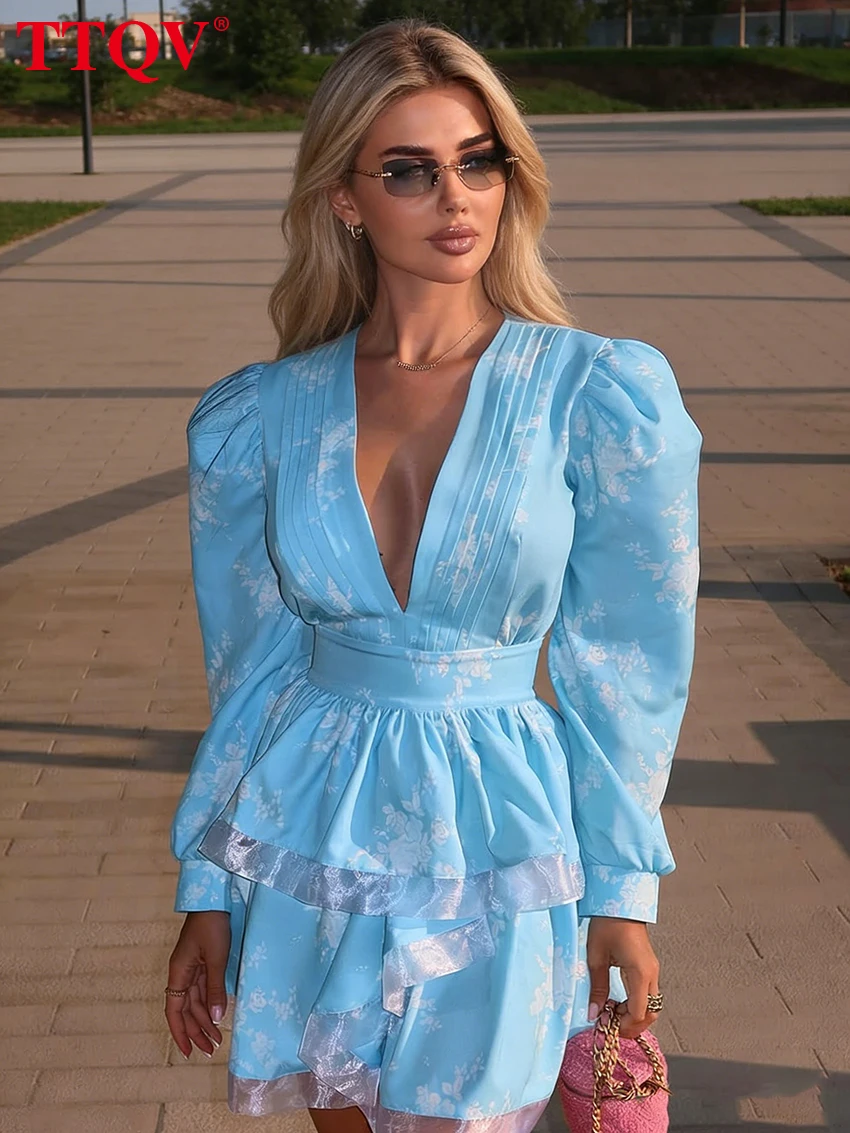 

TTQV Fashion Slim Print Women Dress 2025 Sexy V-Neck Long Sleeve Mini Dresses Elegant Classic High Waist Pleated Female Dress