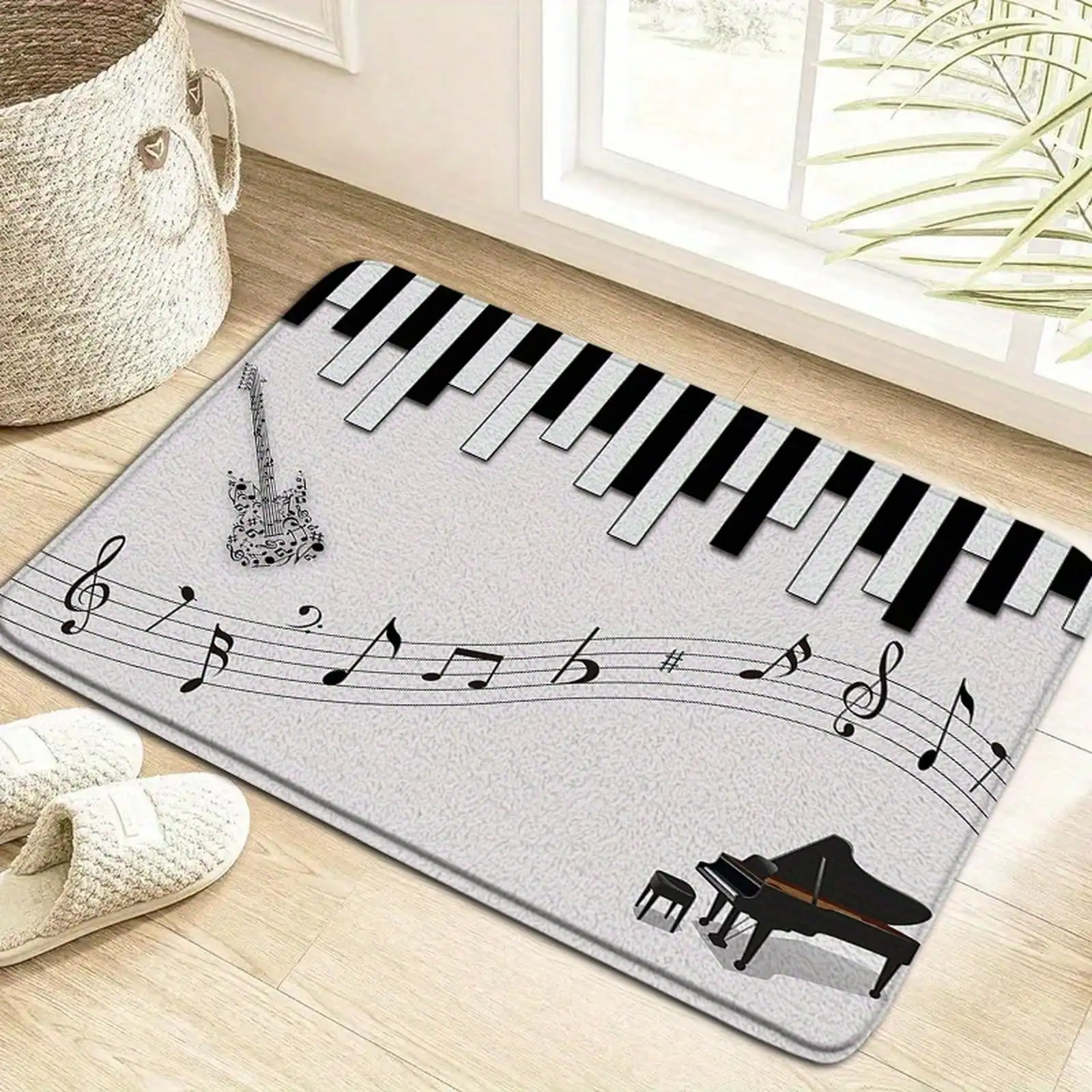 1pc Musical Theme Bath Mat Bath Rug With Black-And-White Piano Guitar Musical Notes Treble Clefs Minimalist Modern Design Clean Aesthetic Bathroom Decor