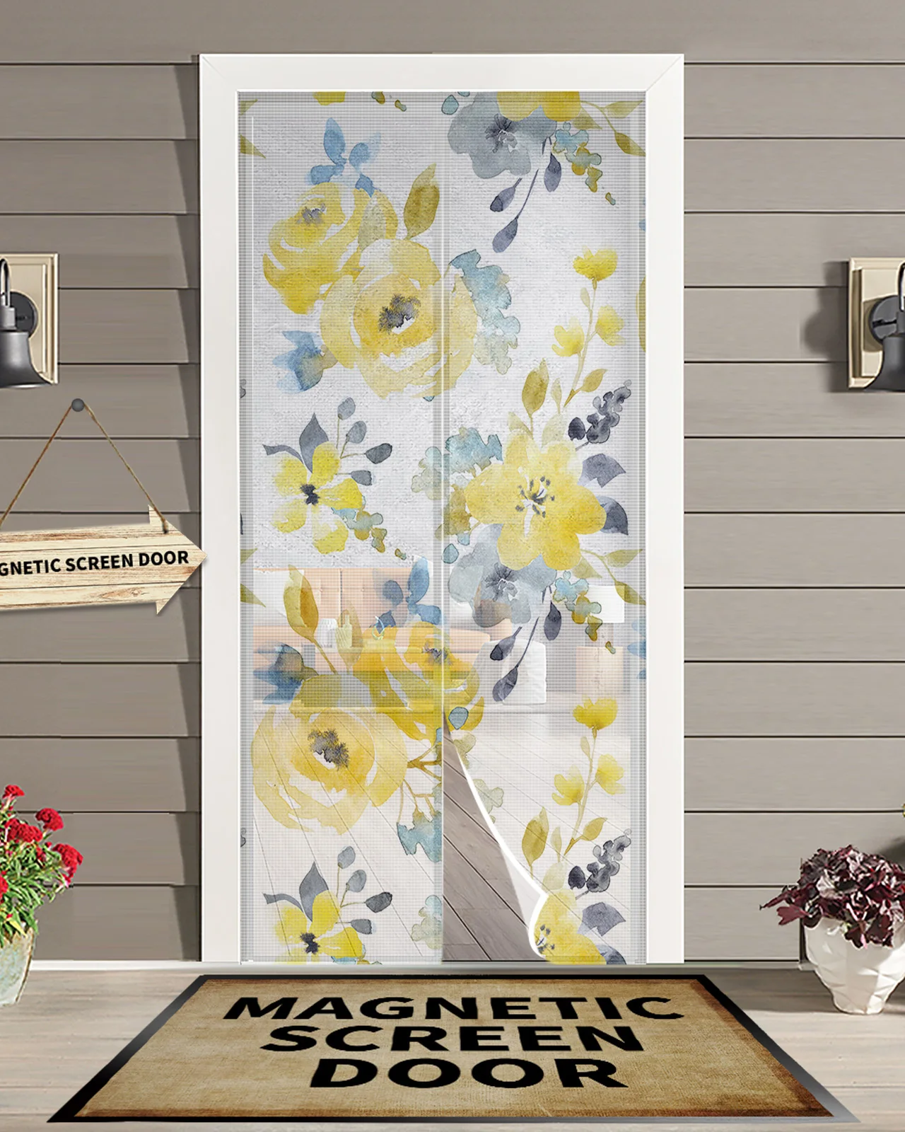 Watercolor Yellow Abstract Flower Magnetic Door Curtain Living Room Bedroom Home Anti-mosquito Screen Door Curtain