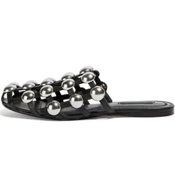 Women Beach Slippers Rivet Flat Summer Slippers Square Cover Toe House Slippers Women Pearl Plus Size 44 Girls Shoes Women