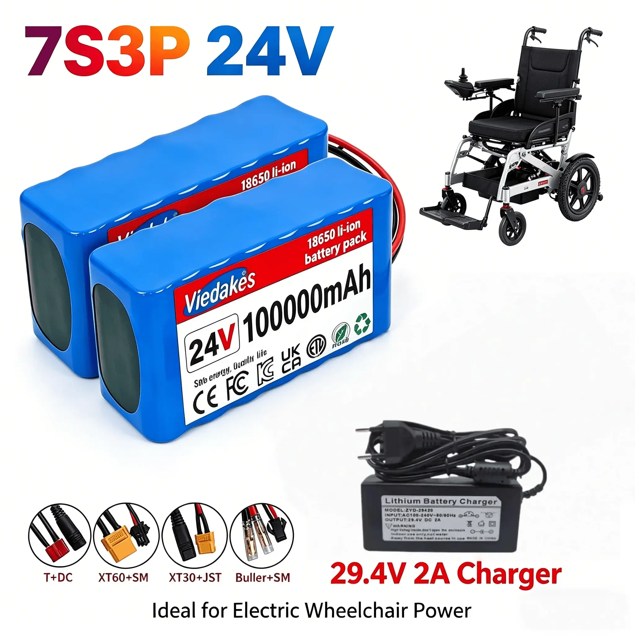 

Viedakes 24V 100000mAh 7S3P Li-ion Battery, 1200+ Charge Cycles, Durable Rechargeable Pack with 29.4V 2A Charger
